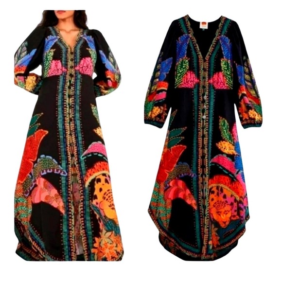 FARM Rio Dresses & Skirts - FARM Rio NWT SZ LGE Black Cool Leopards Maxi Dress Black High-Low Puff Sleeve
